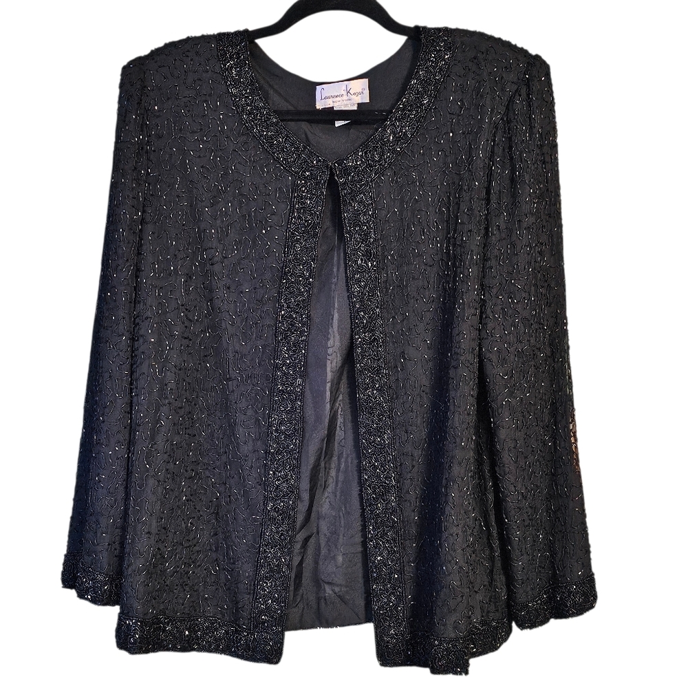 VTG Laurence Kazar Beaded Sequin 100% Silk Evening Jacket Sz 1X Sparkly Classic